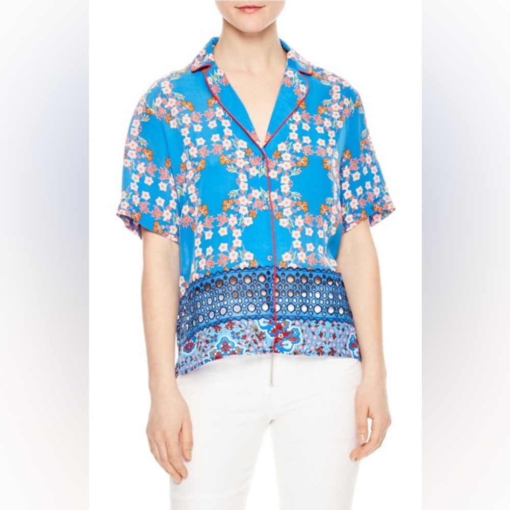 SANDRO CUBA TO PARIS RUFFINE FLORAL PRINT BLOUSE IN‎ TURQUOISE